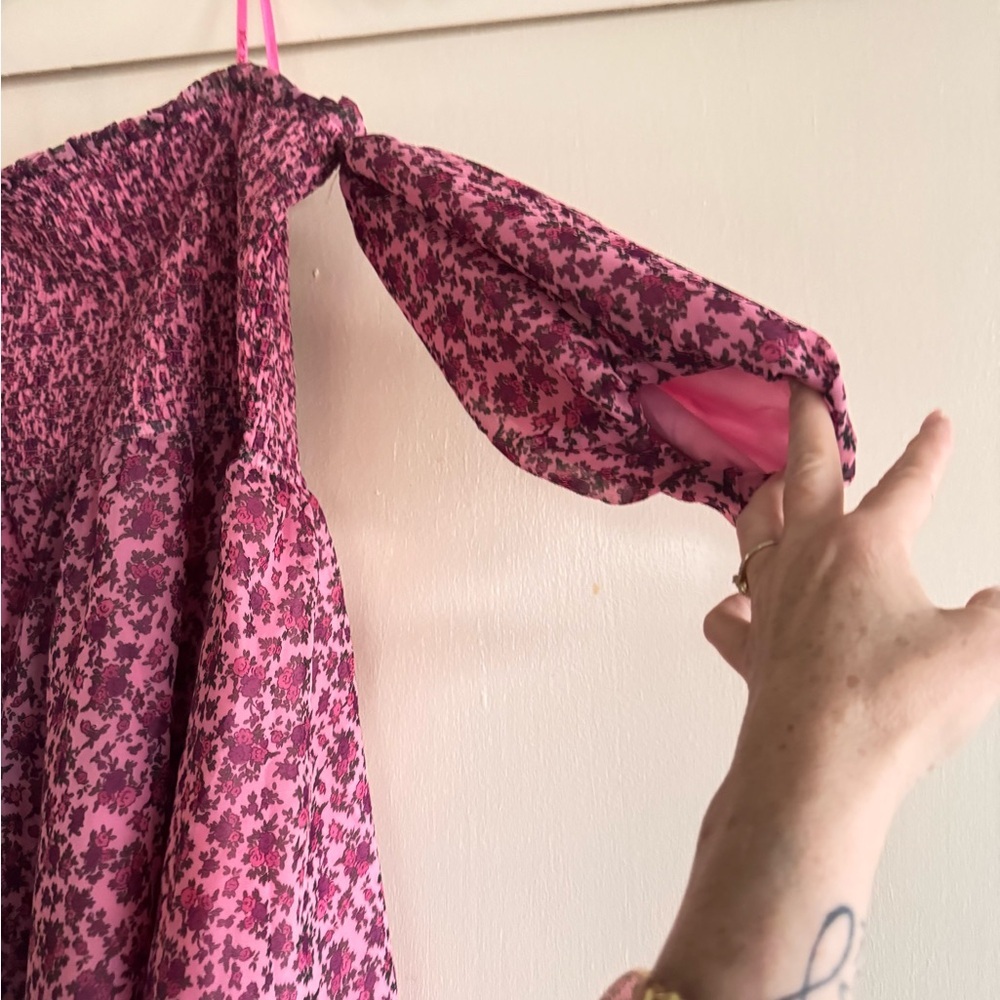 Betsey Johnson Pink Floral Puff Sleeve Smocked Mini Dress size Lg whimsical - Picture 6 of 10